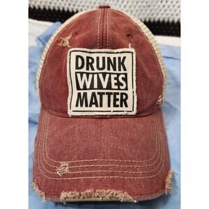 Headmost‎ Distressed Trucker Hat Red Beige Mesh Adjustable Drunk Wives Matter